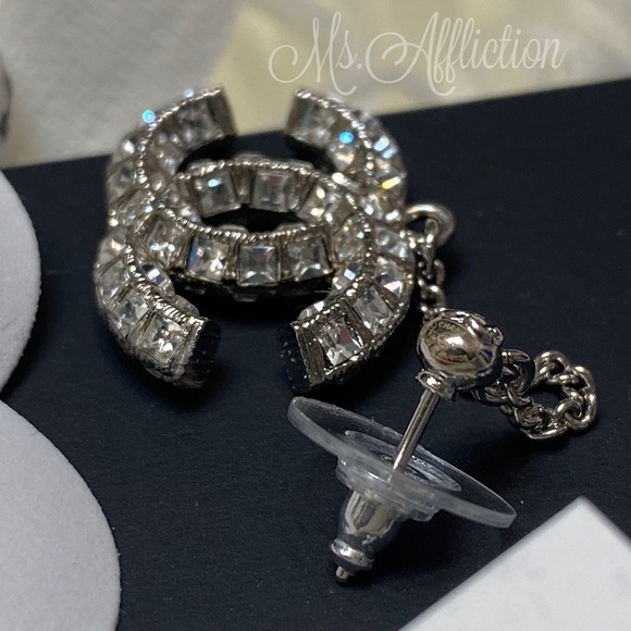 CHANEL 🖤NEW🖤 Authentic Crystal Double Sided Crystal Strass CC Silver Earrings - Picture 7 of 8